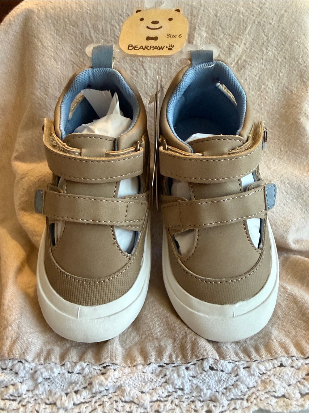 NWT ~ BearPaw Kids Tan and Light Blue Velcro Sneakers SZ 6